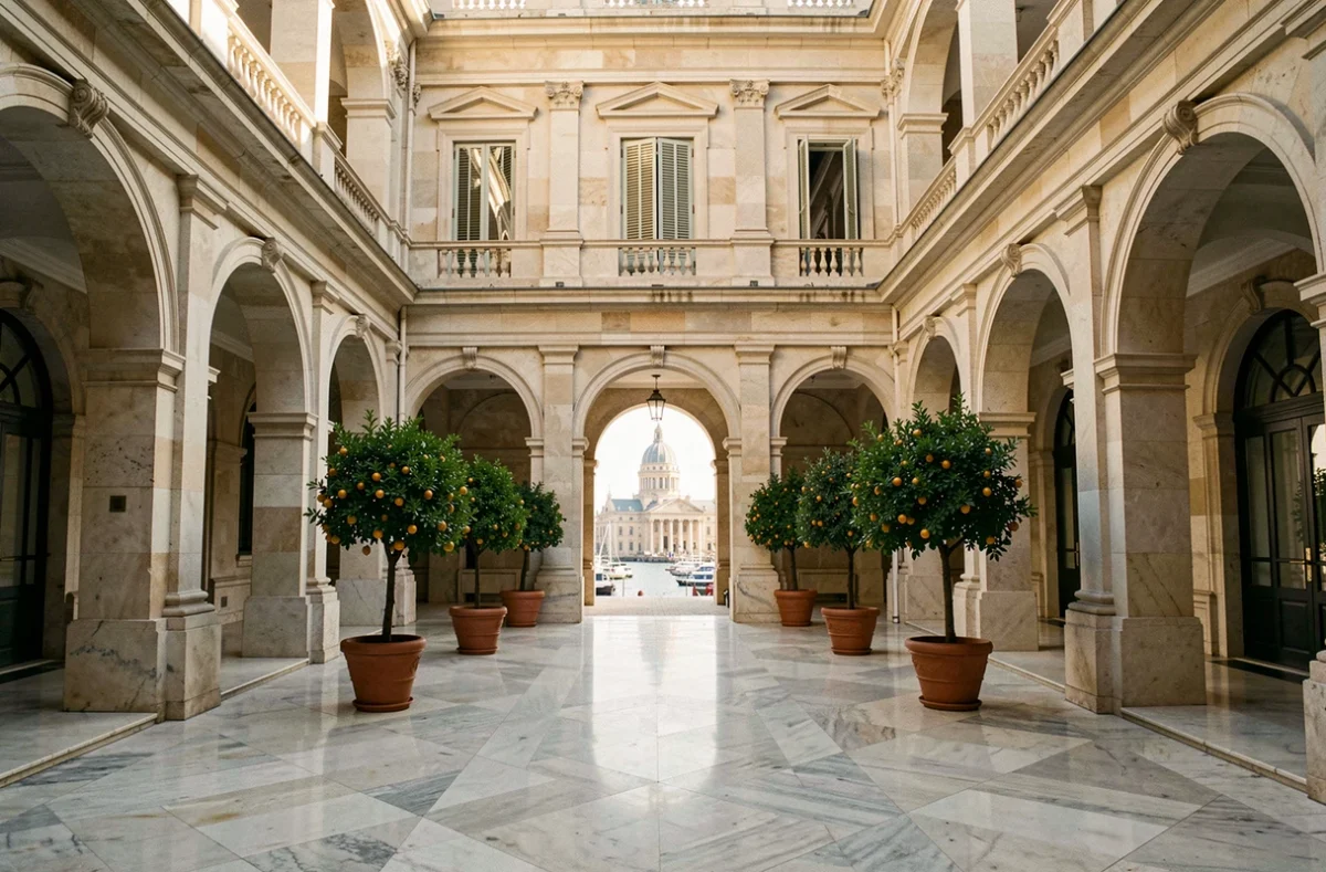 Cour néoclassique de l'InterContinental Marseille Hotel Dieu avec arcades en pierre et vue sur le Vieux-Port
