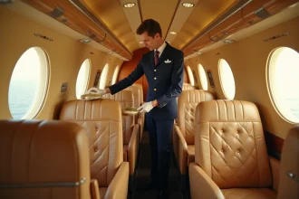 Intérieur authentique de la cabine du Concorde avec sièges en cuir beige et hublots ovales, steward en uniforme marine