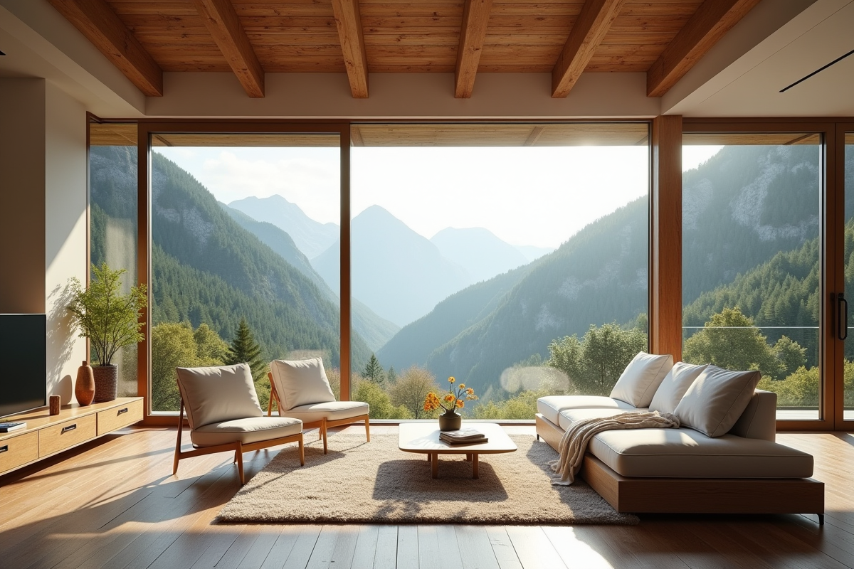 Intérieur lumineux d un chalet moderne avec vue sur la montagne