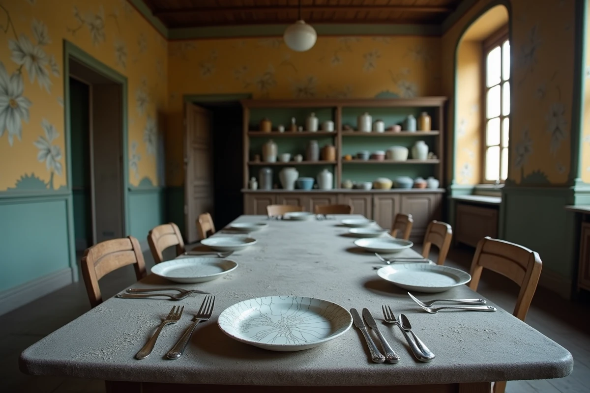 Intérieur d'une ferme abandonnée avec table dressée couverte de poussière dans un village fantôme