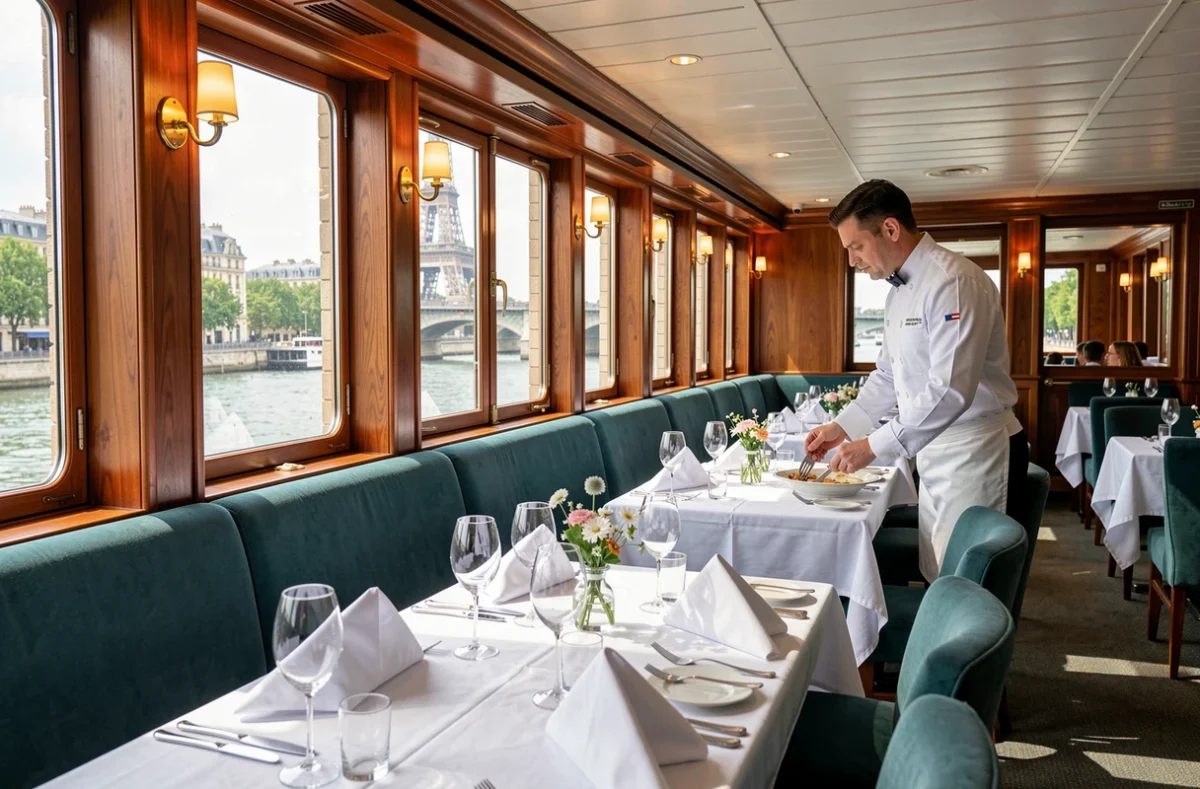 Salle à manger élégante d'un bateau de croisière fluviale avec vue panoramique sur la Seine depuis Le Havre