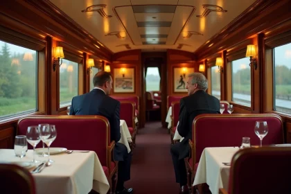 Intérieur luxueux du wagon-restaurant de l'Orient Express avec couples élégants, boiseries art déco et couverts en argent