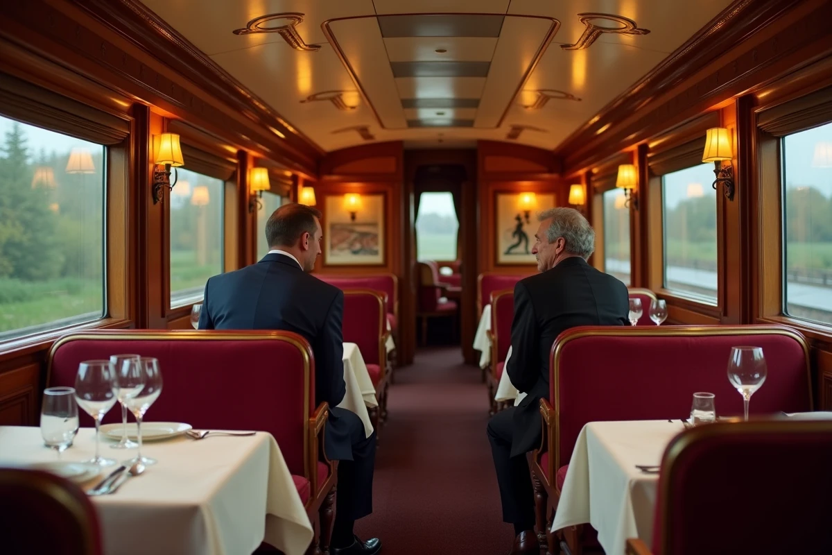 Intérieur luxueux du wagon-restaurant de l'Orient Express avec couples élégants, boiseries art déco et couverts en argent