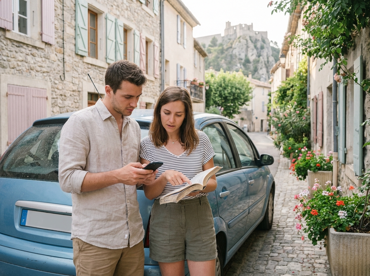 Jeune couple regardant leur smartphone dans un village de Sisteron