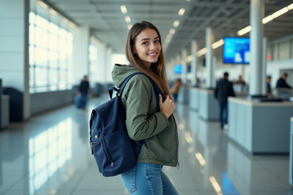 Jeune femme confiante devant un comptoir d'aéroport avec sac à dos