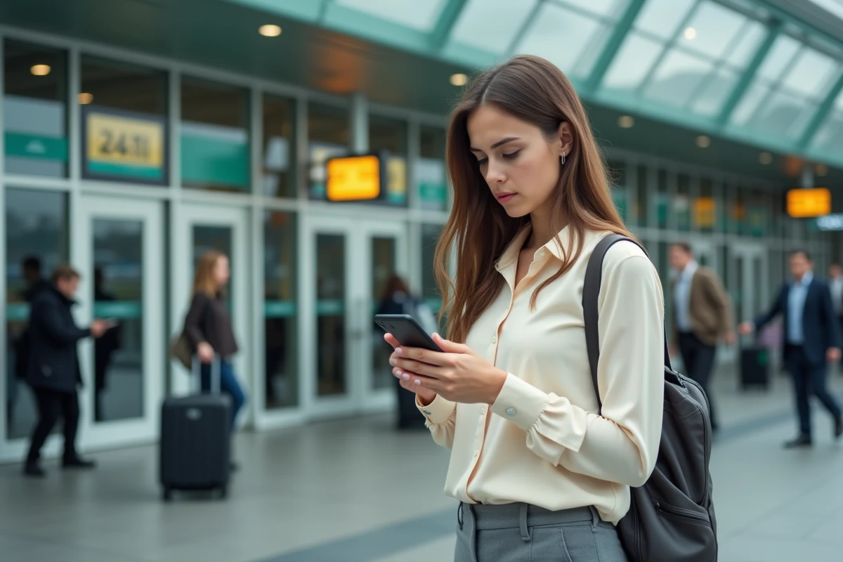 Jeune femme vérifiant son smartphone devant l