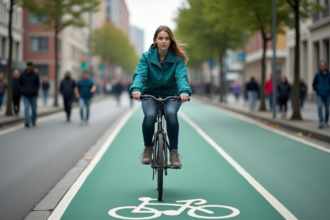 Jeune femme en vélo dans une ville moderne et dynamique