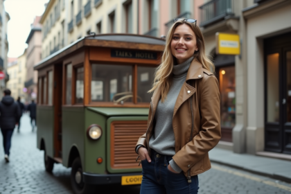 Jeune femme devant le plus petit hotel du monde en ville