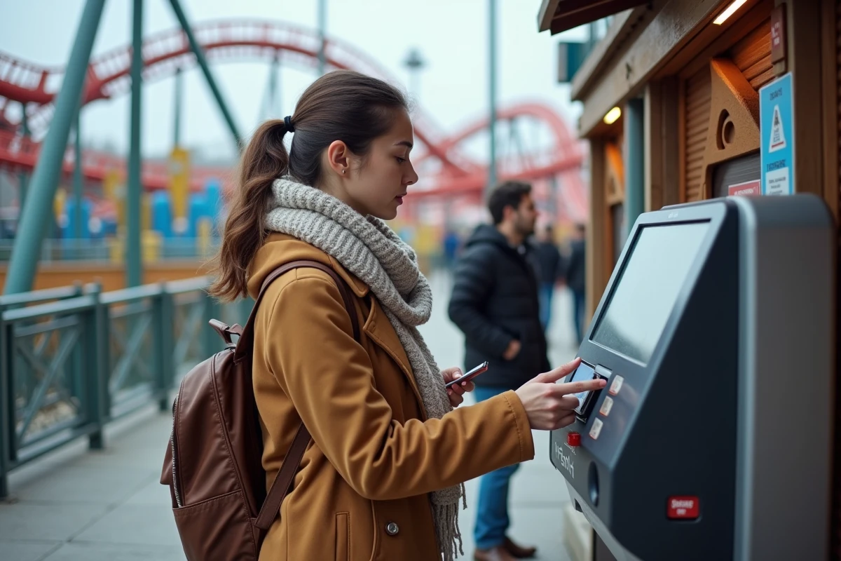 Jeune femme scannant son FastPat à un kiosque extérieur