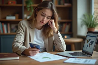 Jeune femme française préparant son premier départ à l'étranger avec une assurance CEI et des documents de voyage sur son bureau