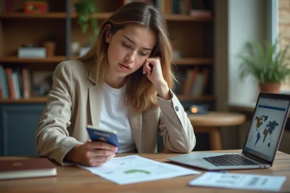 Jeune femme française préparant son premier départ à l'étranger avec une assurance CEI et des documents de voyage sur son bureau