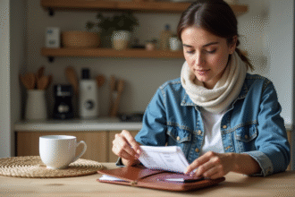Jeune femme organise ses documents de voyage sur la table