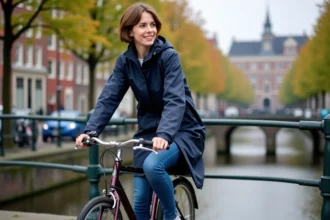 Jeune femme à vélo sur un pont d'Amsterdam avec bâtiments anciens