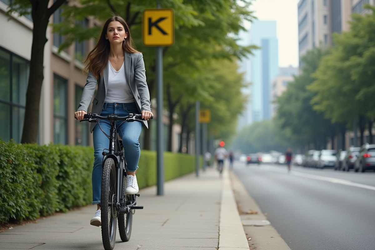 Jeune femme à vélo électrique dans une ville verte