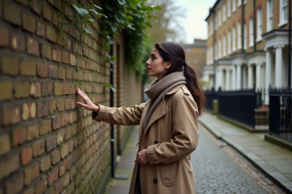 Jeune femme en trench beige observant un mur ancien couvert d'ivy