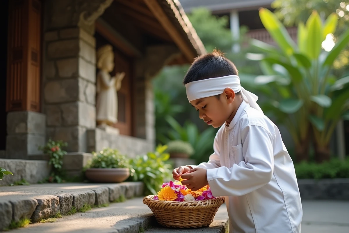 Garçon balinais déposé des offrandes devant un shrine