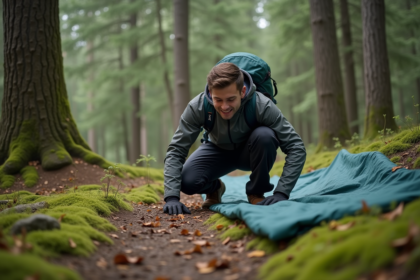 Jeune homme en randonnée préparant son matelas dans la forêt