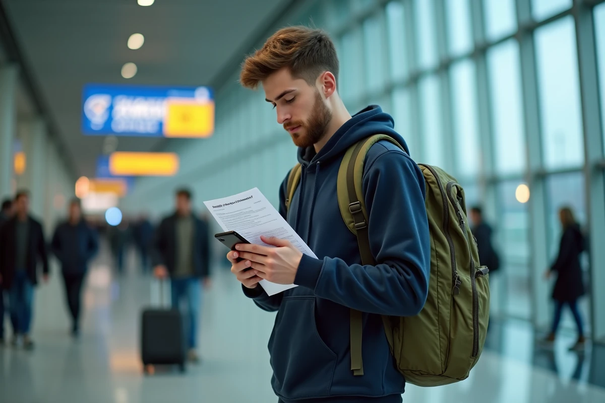 Jeune homme devant un aéroport européen avec son assurance CEI et ses bagages pour un premier voyage à l'étranger