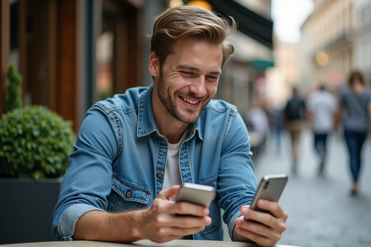 Jeune homme souriant vérifiant un profil Airbnb au café