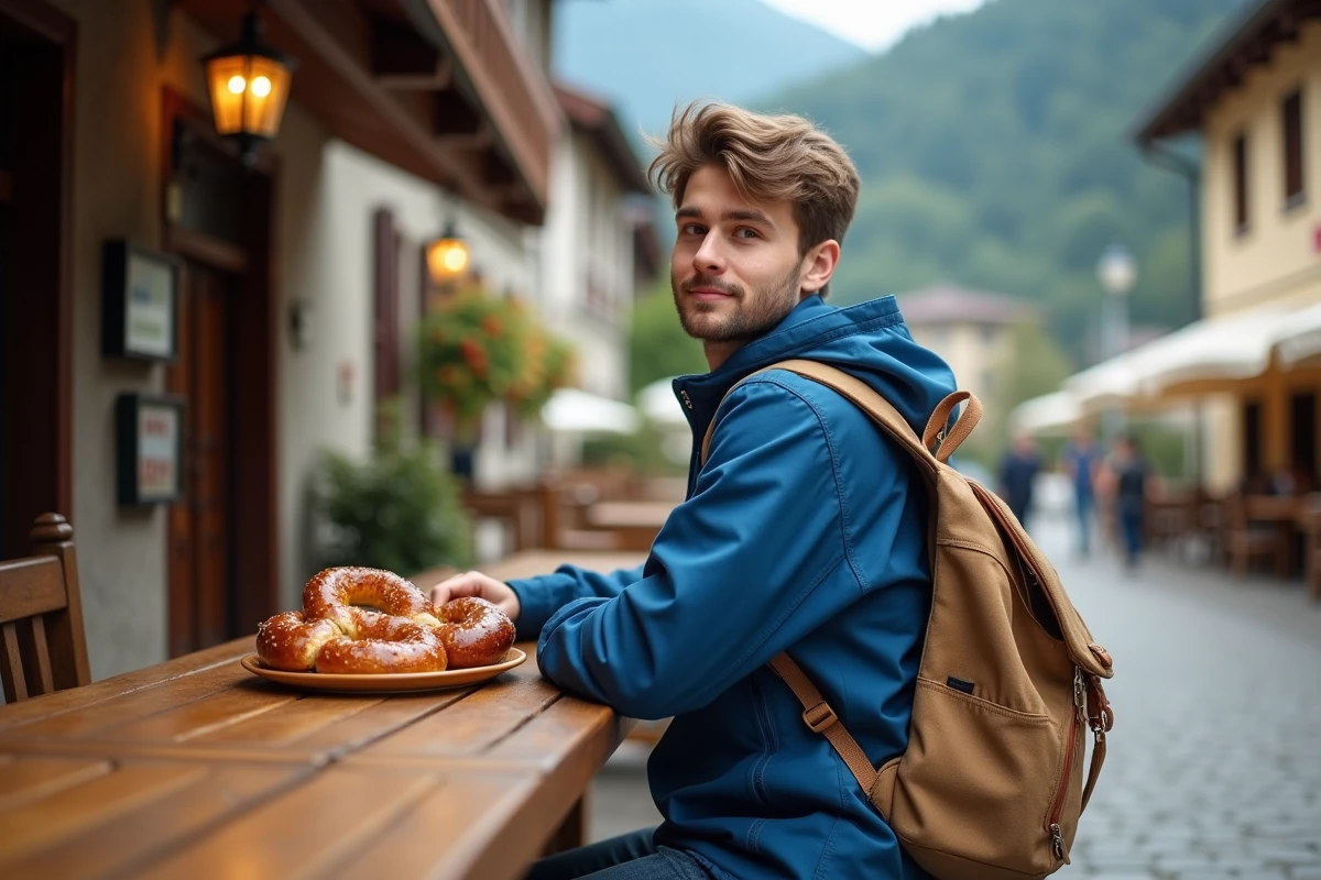 Jeune homme avec sac à dos dégustant pretzels à Gummering