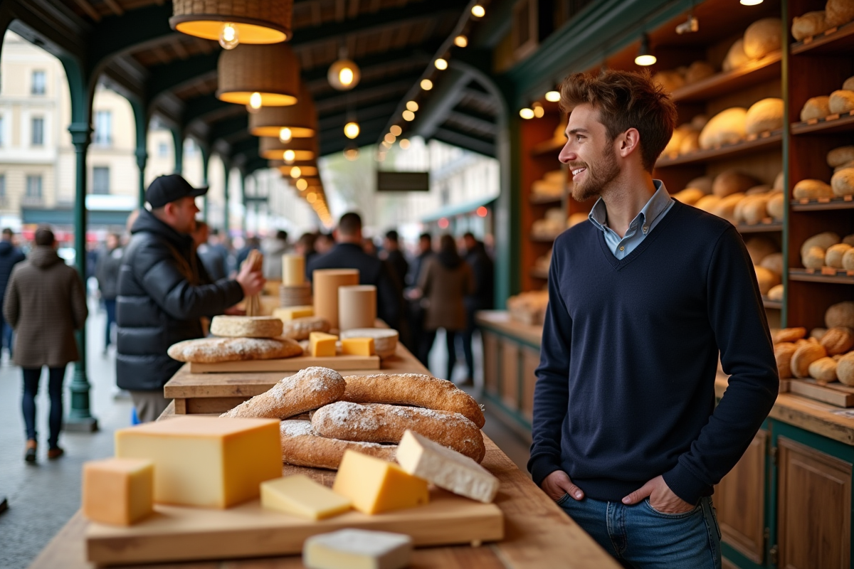 Jeune homme discutant avec un vendeur de fromages dans un marché couvert