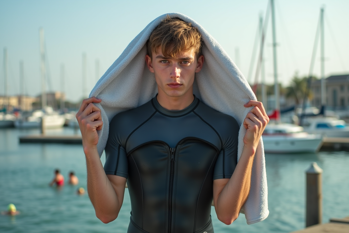 Jeune homme en wetsuit au marina en séchant ses cheveux