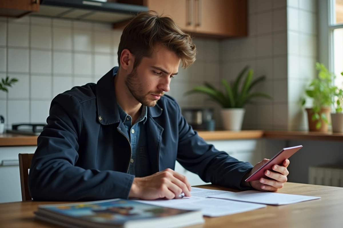 Jeune homme vérifiant son passeport à la maison