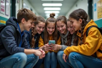 Groupe de lycéens souriants regardant un smartphone en couloir