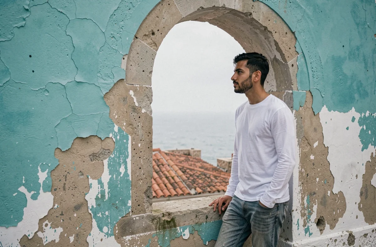 Jeune homme contemplant la mer depuis une fenêtre en arc de la Kasbah de Tanger