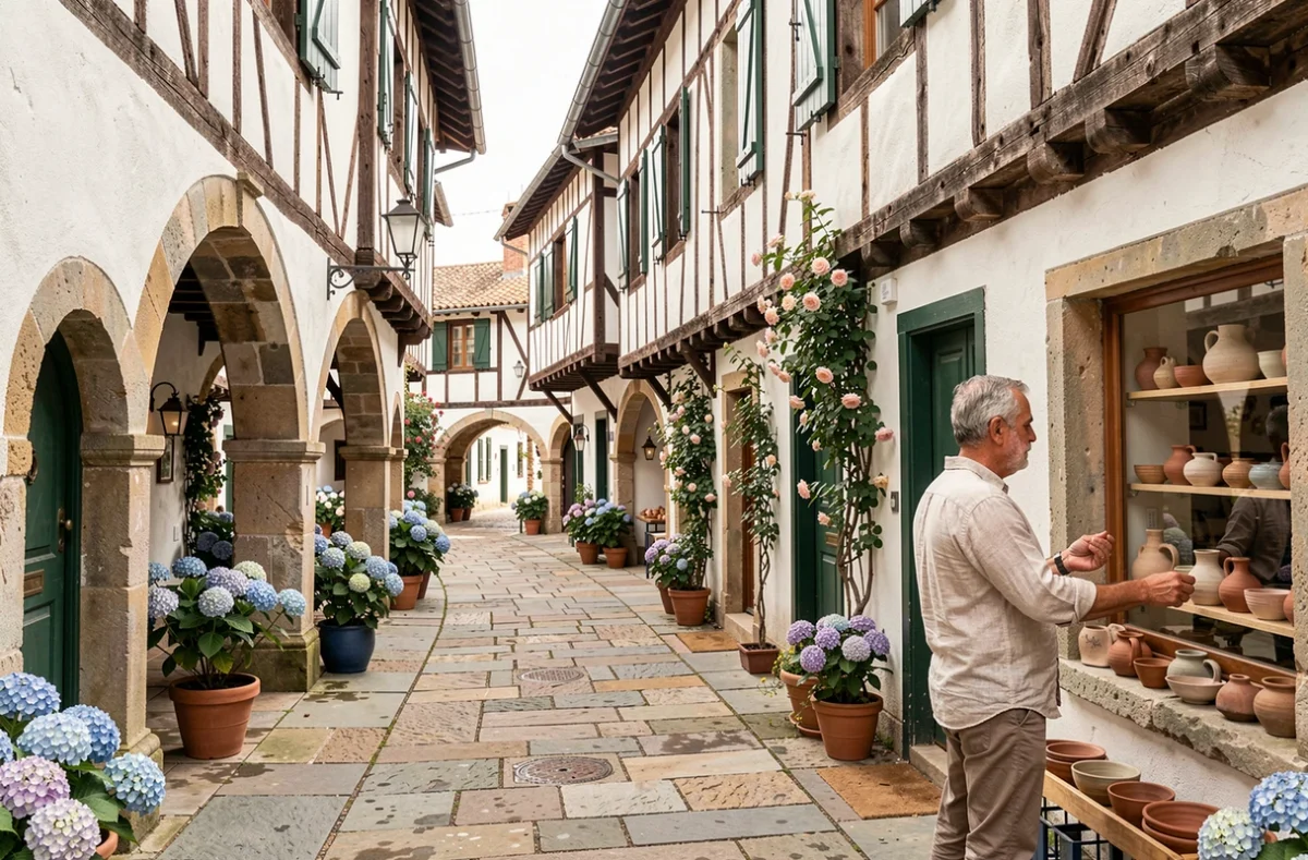 La rue principale de La Bastide-Clairence avec ses arcades médiévales et ses maisons basques blanches aux volets colorés