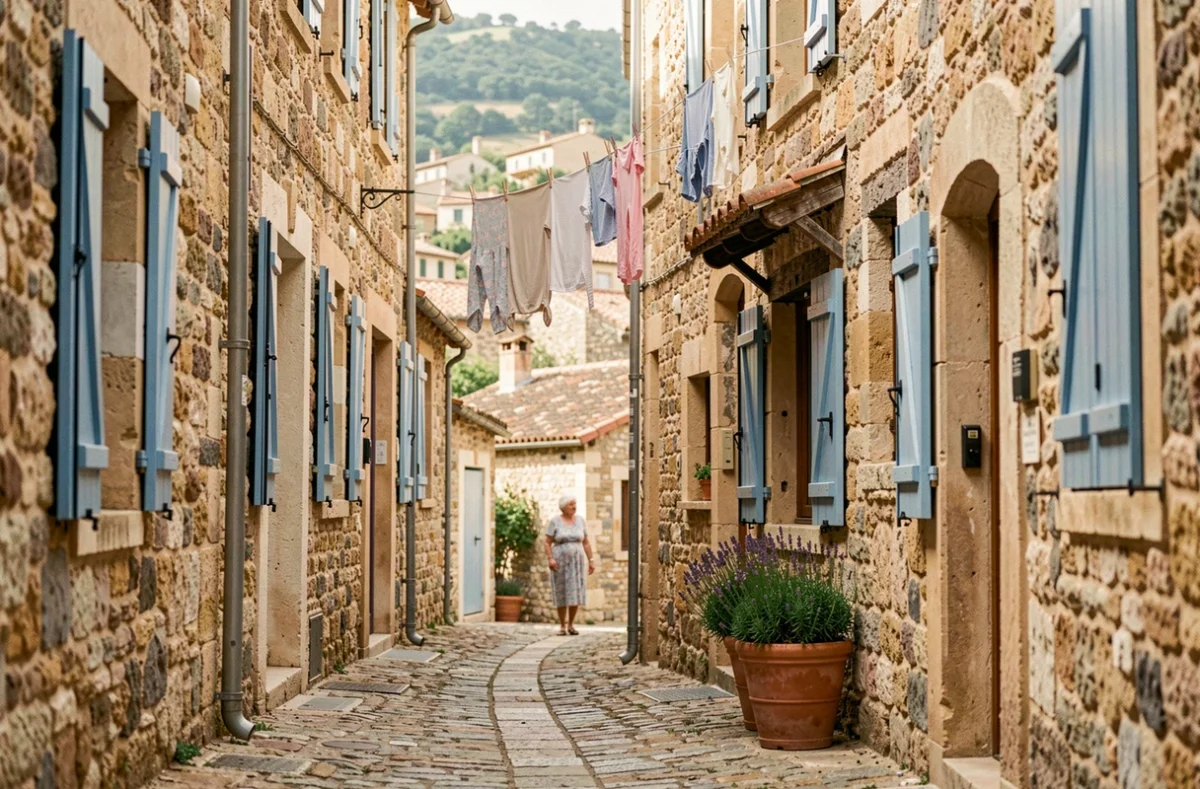 Ruelle pavée d'Apt avec l'entrée en arche de La Providence, gîte de village aux volets bleus