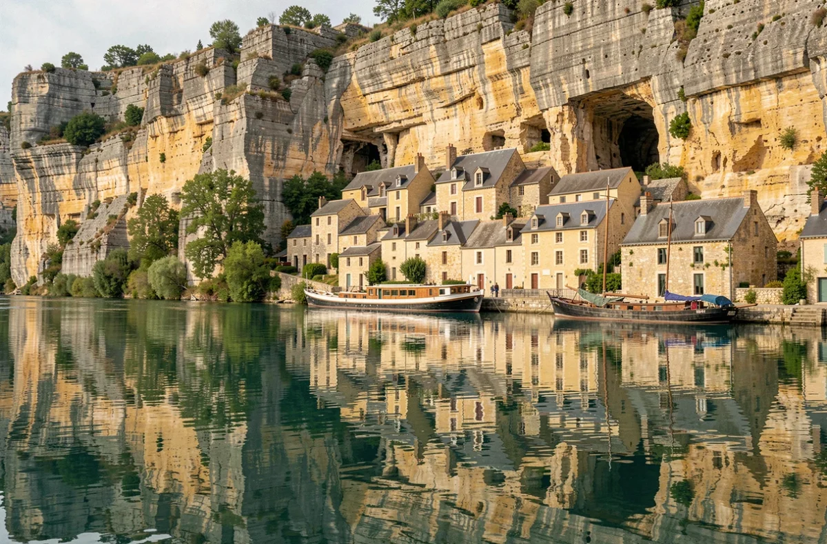 Le village troglodytique de La Roque-Gageac accroché à la falaise calcaire au-dessus de la rivière Dordogne