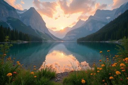 Lever de soleil sur un lac alpin en France avec montagnes et forêt
