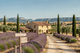 Paysage provençal avec champs de lavande, mas en pierre et collines calcaires représentant les locations de vacances en Provence-Alpes-Côte d'Azur