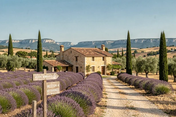 Paysage provençal avec champs de lavande, mas en pierre et collines calcaires représentant les locations de vacances en Provence-Alpes-Côte d'Azur