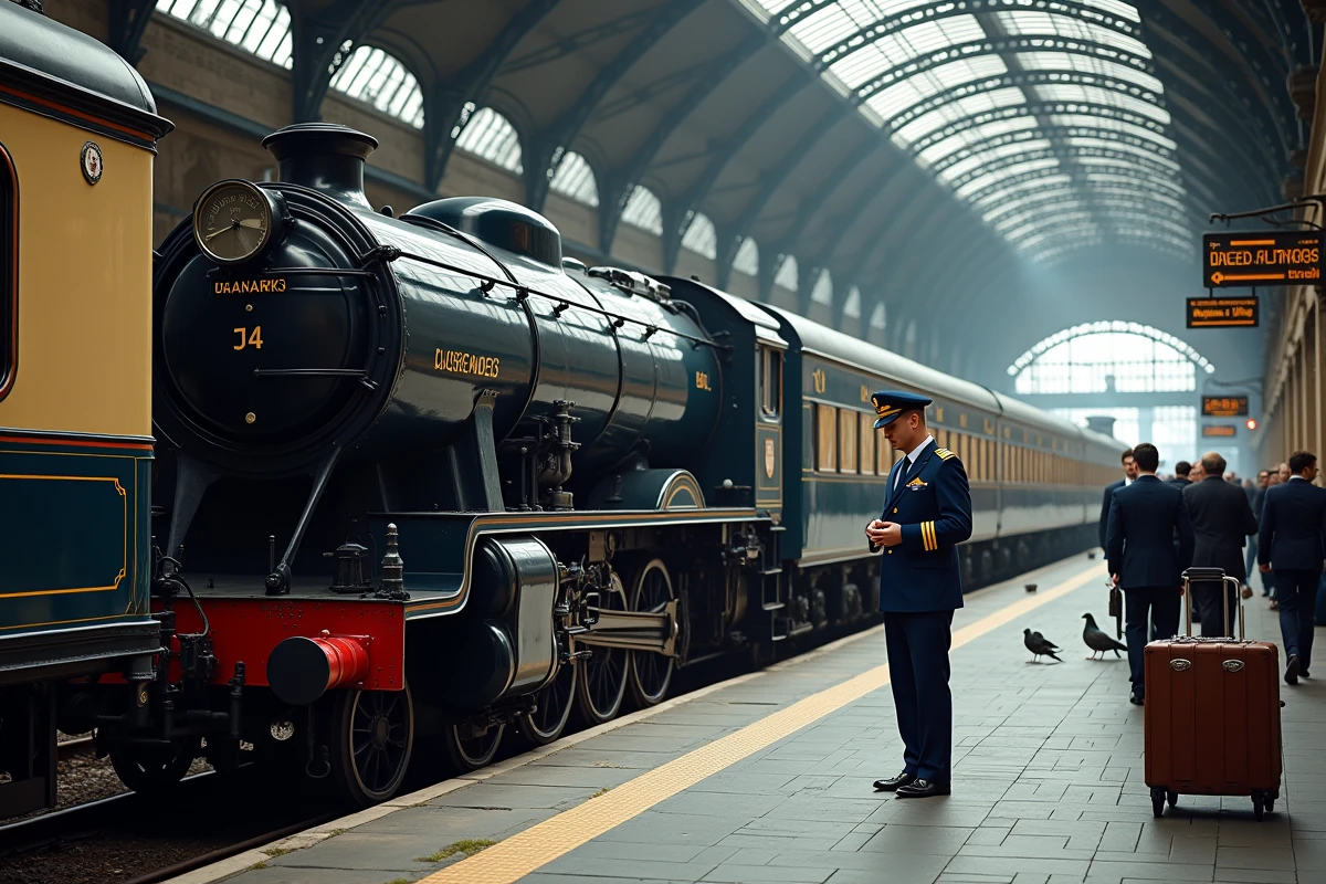 Locomotive Orient Express en gare européenne avec conducteur en uniforme et voyageurs élégants sur le quai