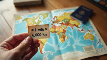 Main d'un voyageur tenant un papier avec miles et km