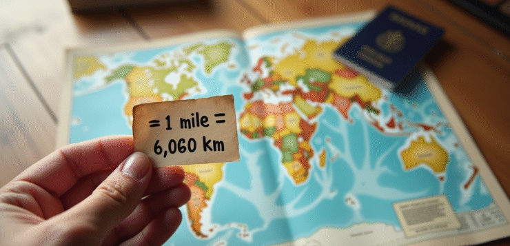 Main d'un voyageur tenant un papier avec miles et km