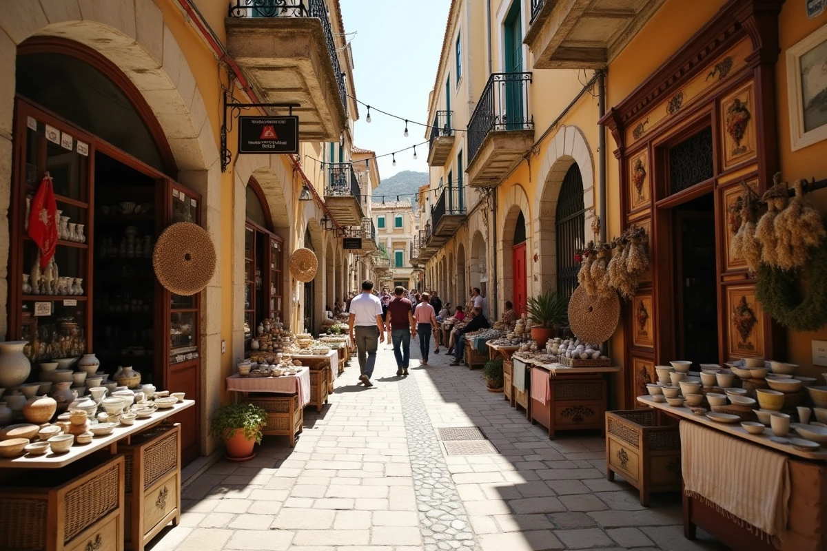 Marché artisanal en plein air dans les ruelles vénitiennes d'Héraklion en Crète avec céramiques et herbes séchées