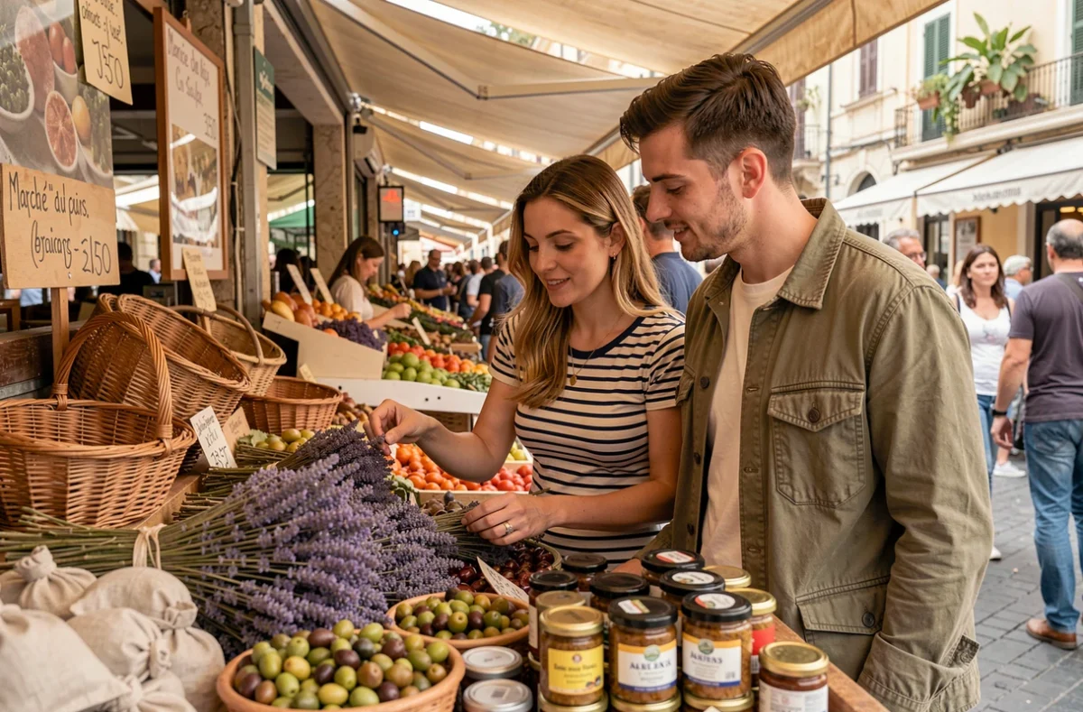 Deux amis découvrant les étals de produits locaux au marché du Cours Saleya à Nice