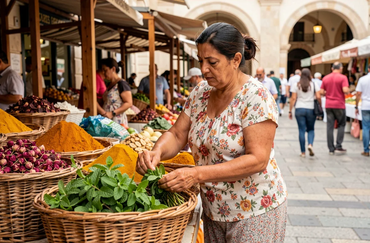 Femme marocaine choisissant des herbes fraîches et des épices au marché du Grand Socco à Tanger
