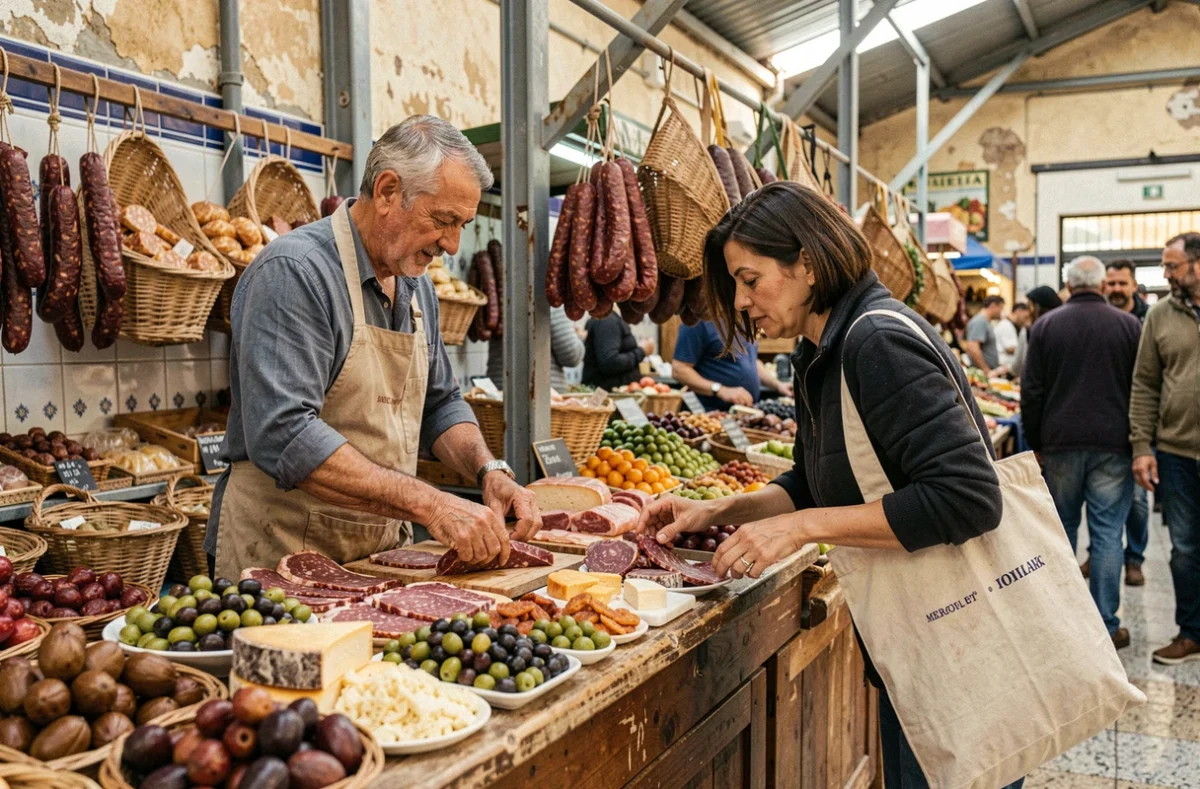 Vendeur et touriste au marché traditionnel Mercat de l'Olivar à Palma de Majorque