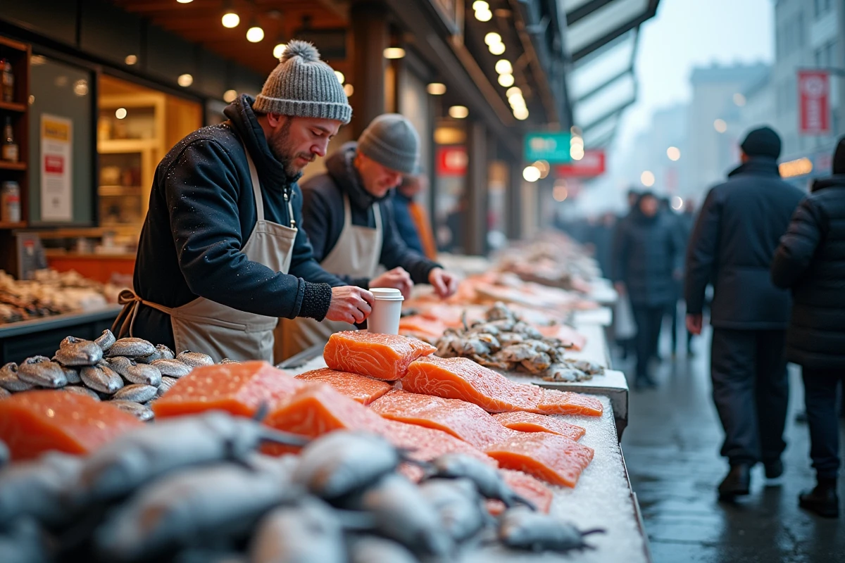 Le marché aux poissons de Bergen en hiver avec des étals de saumon, de crabe royal et de morue sous une verrière enneigée