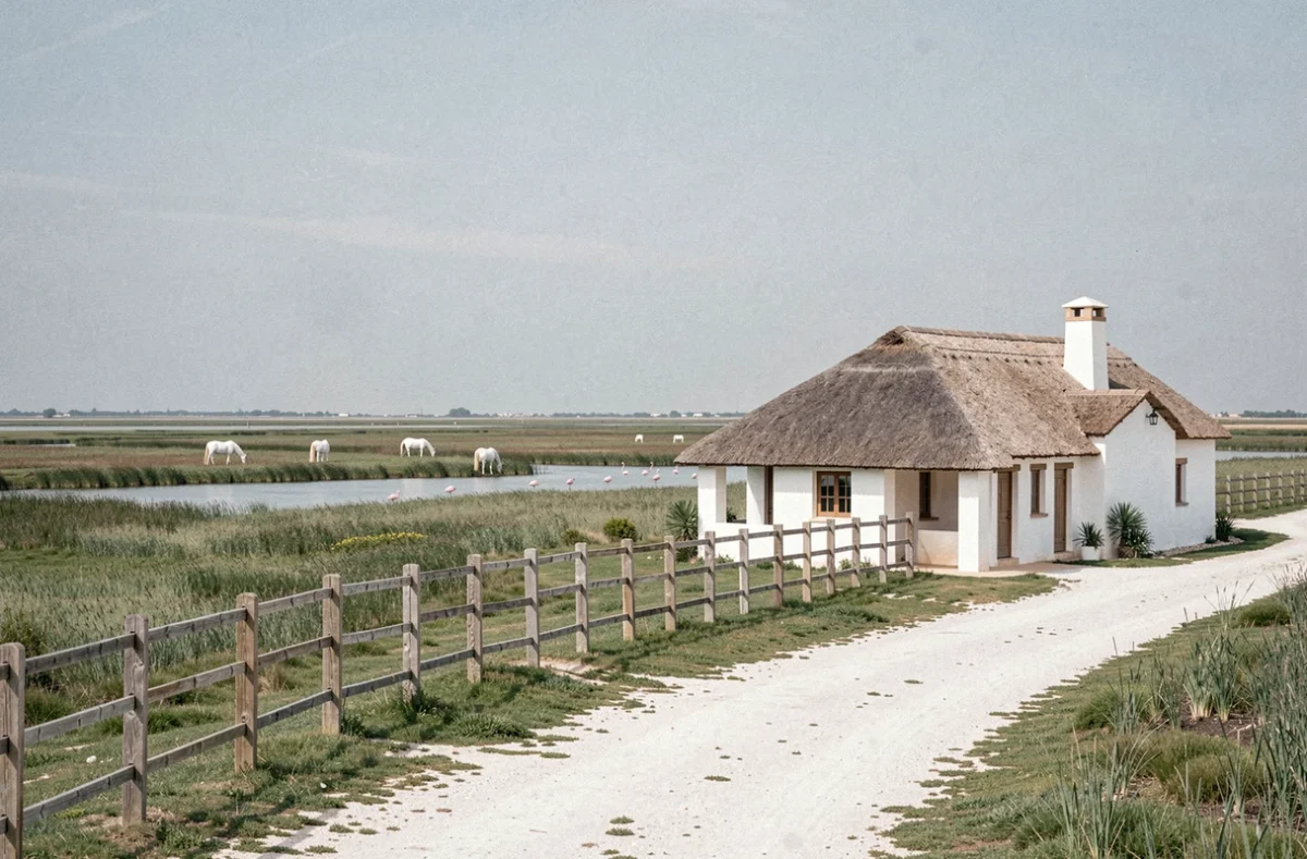 Mas Antonelle en Camargue avec chevaux blancs au pâturage, flamants roses et étang dans le paysage plat
