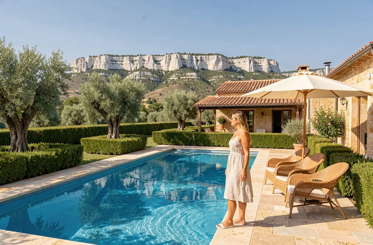 Mas de la Grenouillère dans les Alpilles avec piscine entourée d'oliviers et vue sur la chaîne calcaire blanche