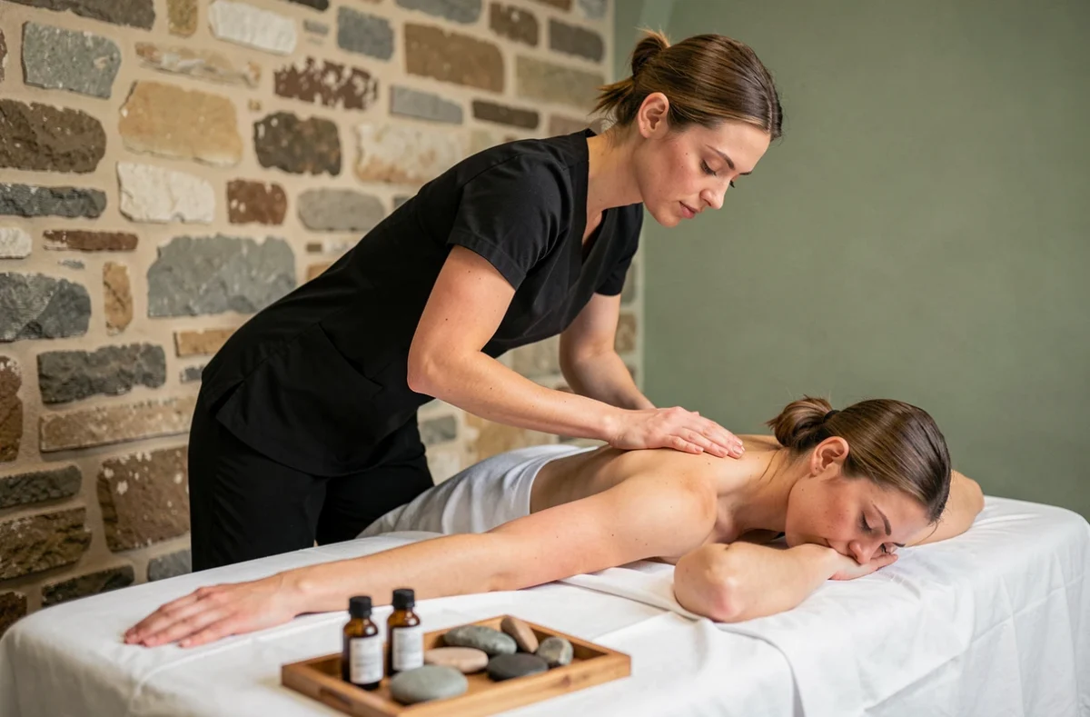 Soin de massage dans un salon de spa raffiné aux murs en pierre d'un hôtel du centre de Dijon