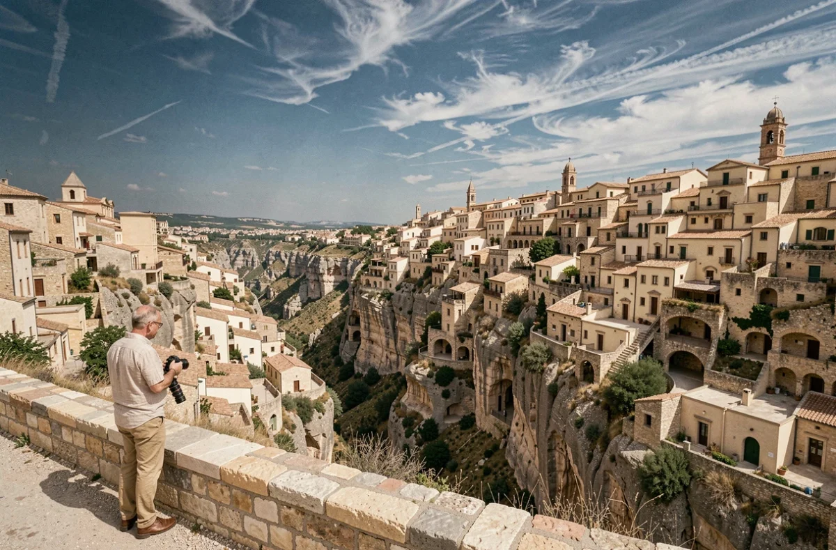 Vue panoramique sur les Sassi de Matera avec ses habitations troglodytes en pierre dorée creusées dans le ravin de la Gravina, Basilicate, Italie