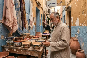 Vendeur local dans une ruelle de la médina de Tanger proposant des céramiques artisanales traditionnelles