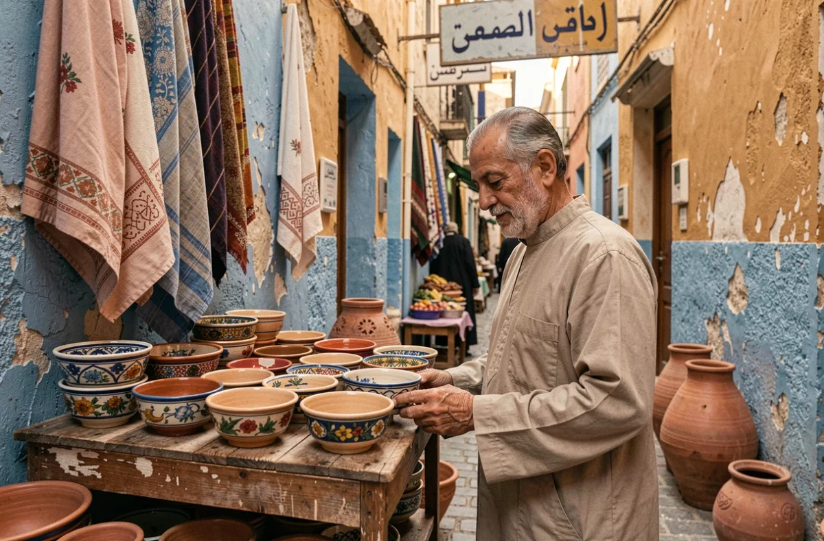 Vendeur local dans une ruelle de la médina de Tanger proposant des céramiques artisanales traditionnelles
