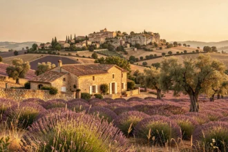 Vue panoramique d'un paysage provençal avec mas en pierre, champs de lavande et village perché au loin